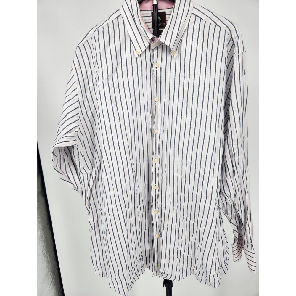 Tailorbyrd Mens XXL Button Down Shirt 100% 2 Ply Cotton Striped Navy Pink LS